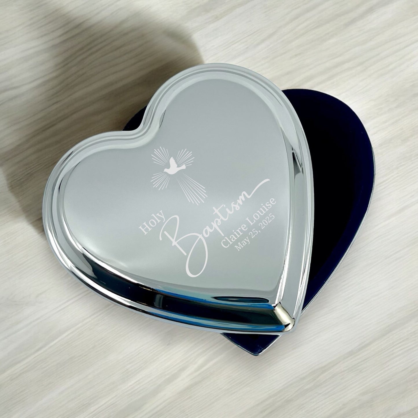 Personalized Polished Silver Heart Keepsake Box {Holy Baptism}
