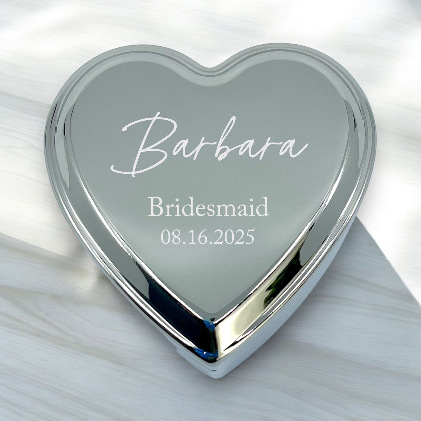 Personalized Polished Silver Heart Keepsake Box {Bridesmaid}