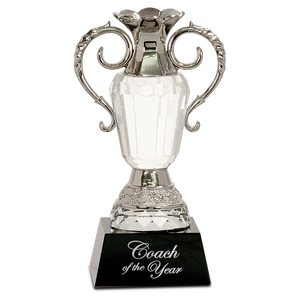 8" Crystal Cup with Silver Metal Handles on Black Pedestal Base