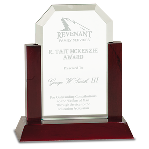 7" Jade Clip Corner Glass Award with Rosewood Finish Base
