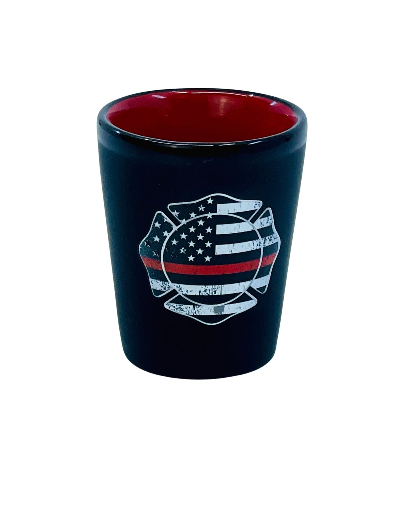 Ceramic Matte Black Shot Glass with Colorful Interior {Firefighter Thin Red Line Sheild}